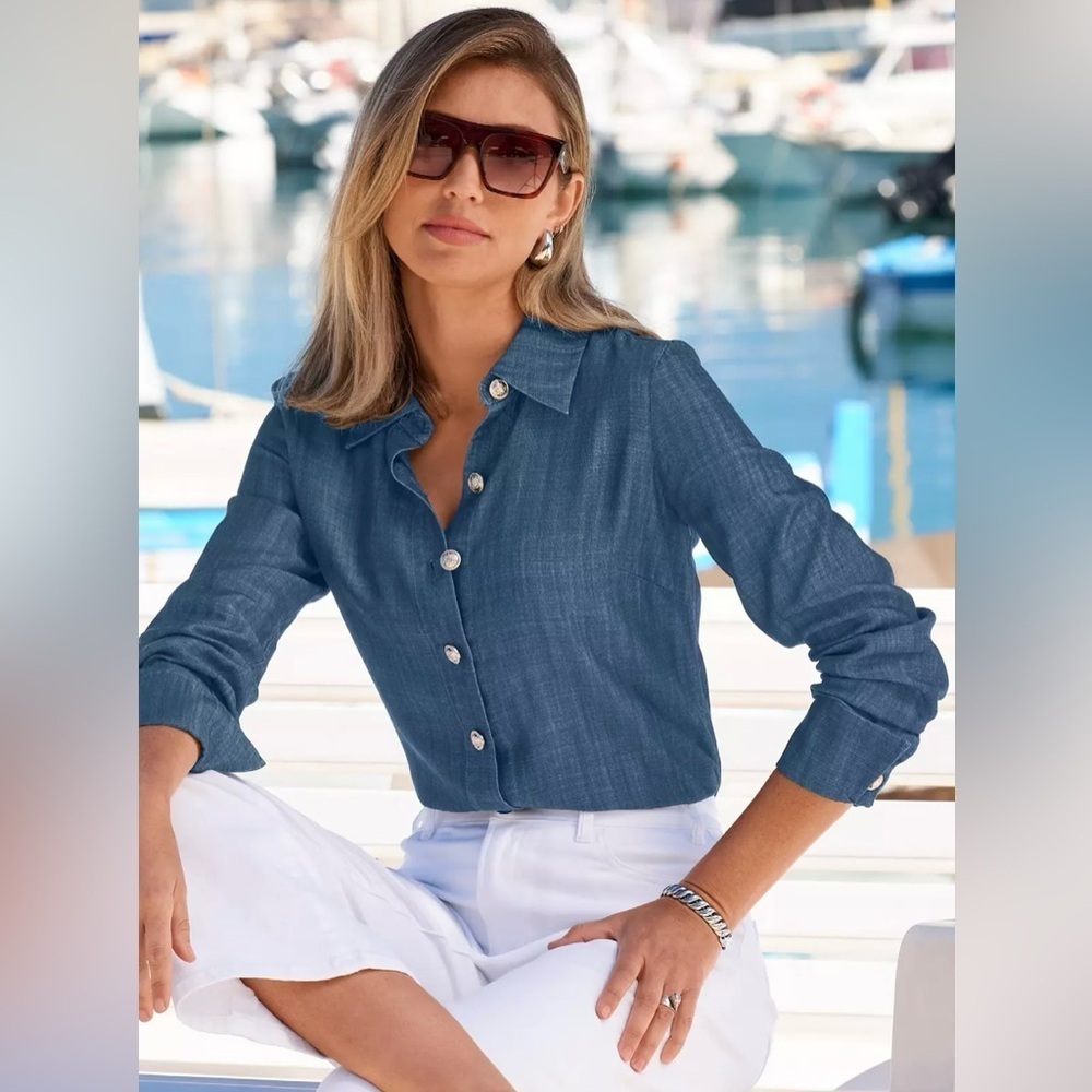 Boston Proper Women’s Sophia Button Up 100% Tencel Denim Blouse French Cuffs 8